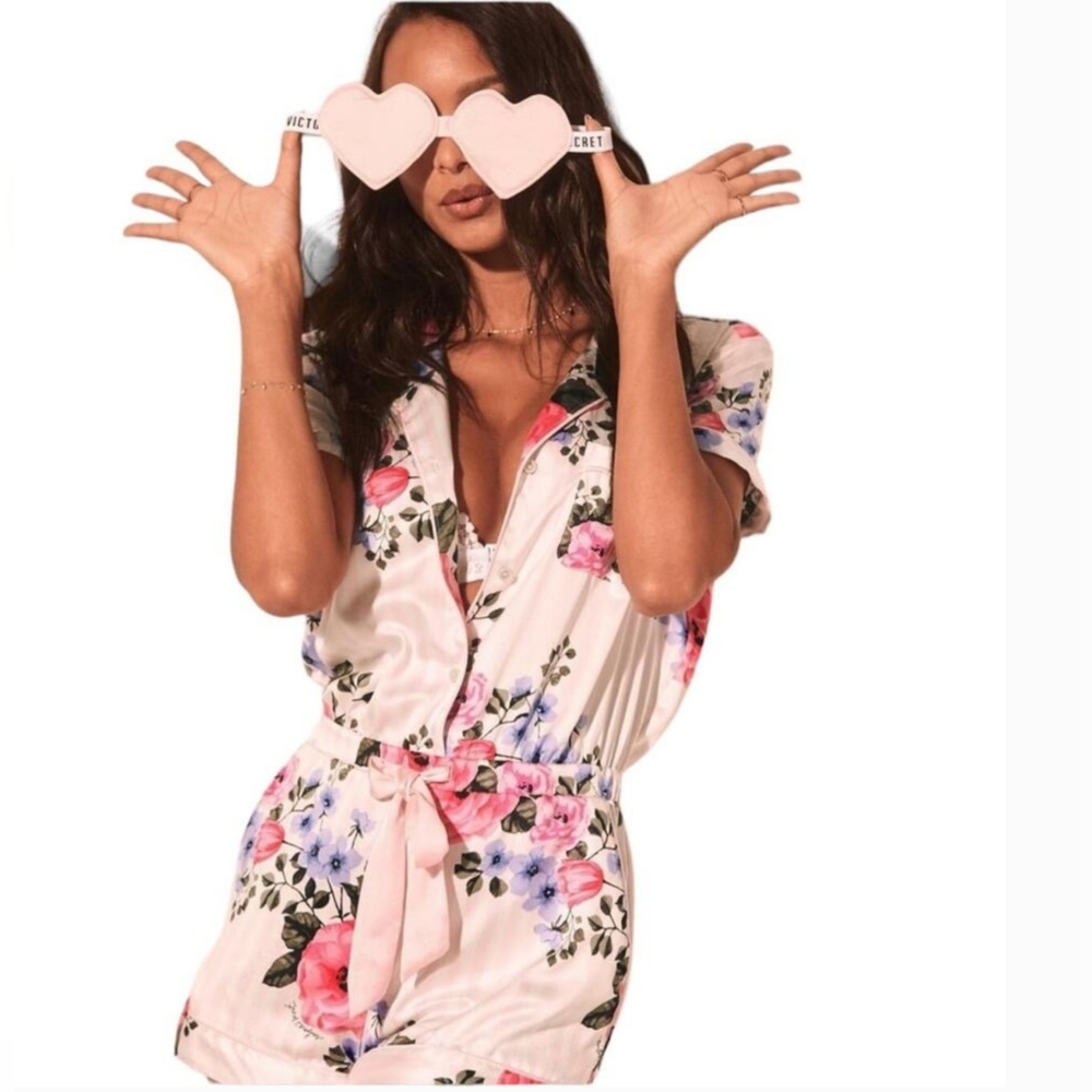 Victoria's Secret Satin Afterhours Romper Short Pajama Floral Striped sz M